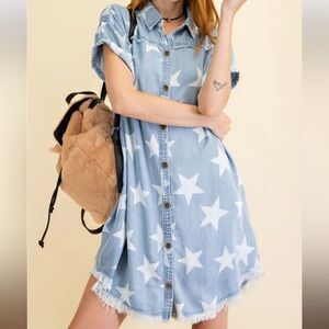 Easel Star Print Denim Shirt Dress | Western Boho Cowgirl | Medium